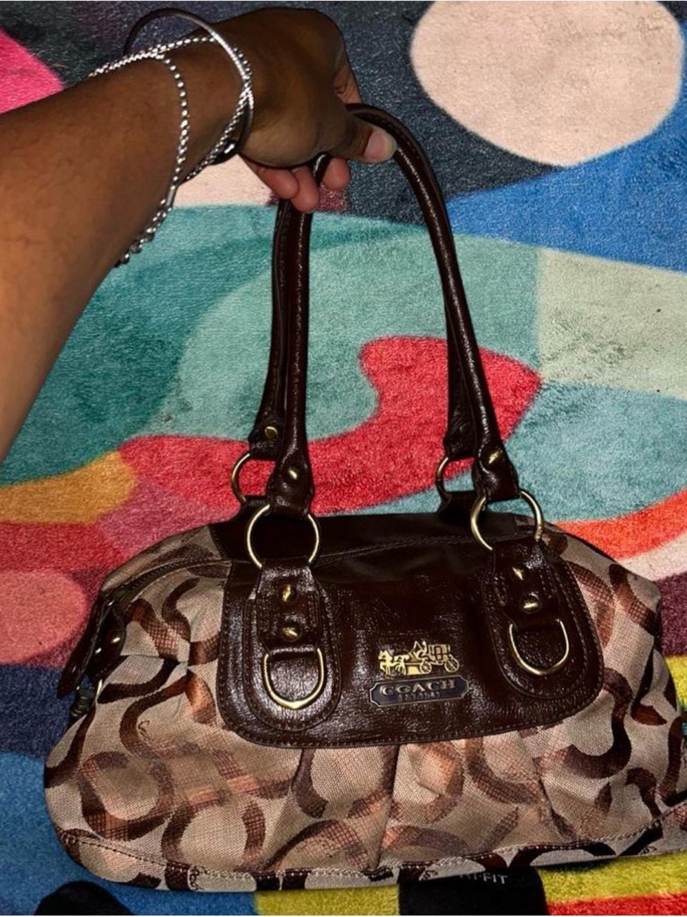 Coach Brown Signature Jacquard Shoulder Bag with Dark Leather Trim